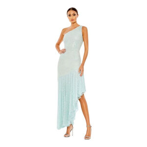 Mac Duggal One Shoulder Beaded Gown Size 12 Green with White Pearls